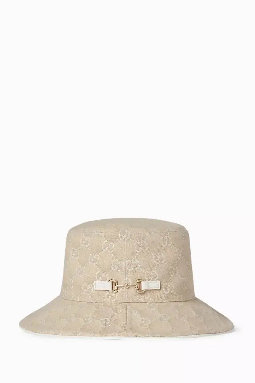 Gucci Denim Logo Horsebit GHW Bucket Hat in GG Canvas NWT Size Med 57 cm